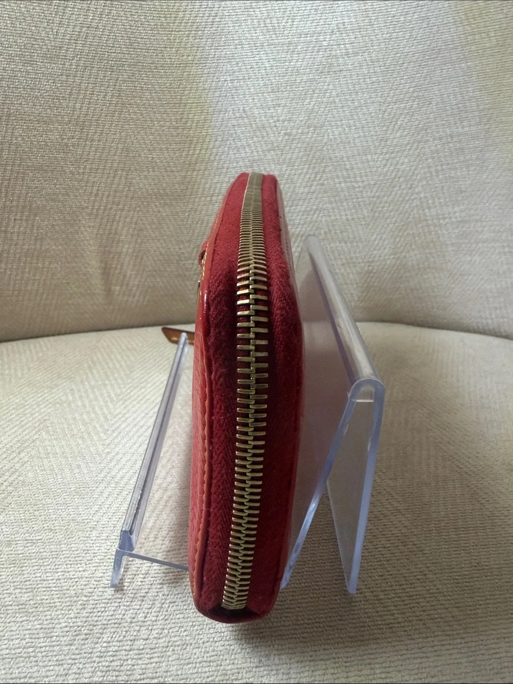 Dooney & Bourke Red Pebbled Leather Zip Wallet with Gold Plaque